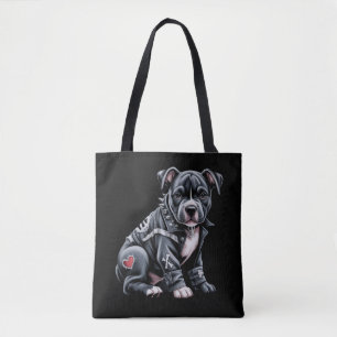 Denim Patchwork Pitbull Dog Edgy Rocker Gothic Tote Bag