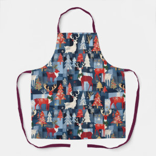 Denim Patchwork Plaid Christmas Trees & Reindeer Apron