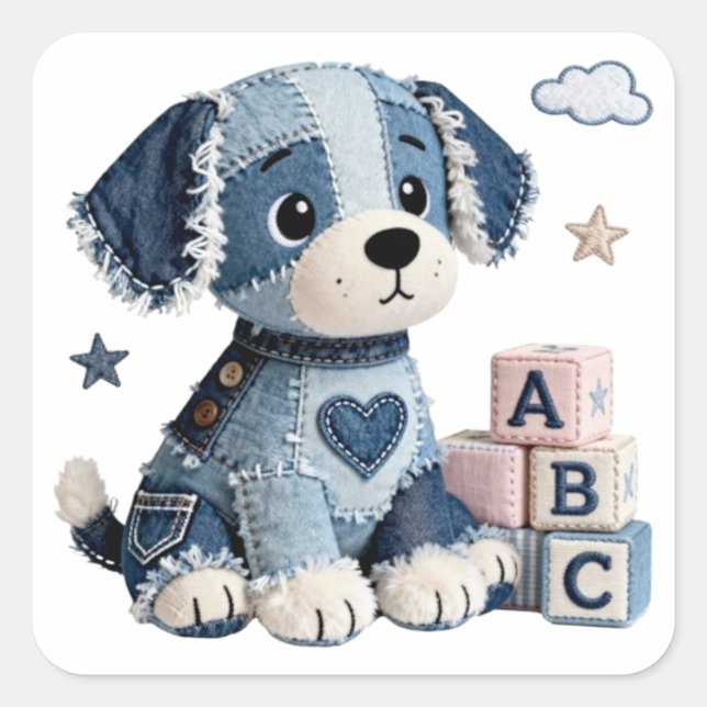 Denim Patchwork Puppy Dog Square Sticker (Front)