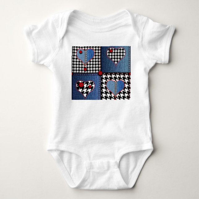 Denim Patchwork: Seamless Fabric Pattern Baby Bodysuit (Front)