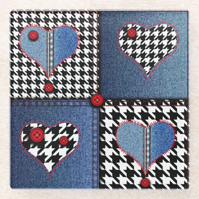 Denim Patchwork: Seamless Fabric Pattern Glass Coaster (Front)
