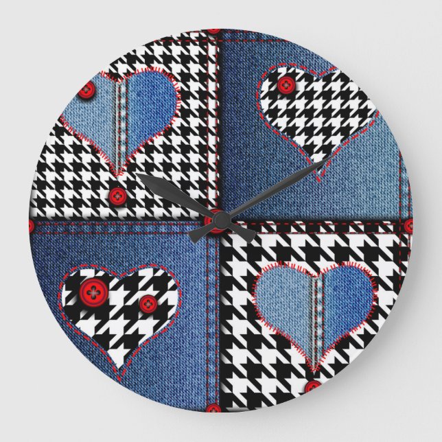 Denim Patchwork: Seamless Fabric Pattern Large Clock (Front)