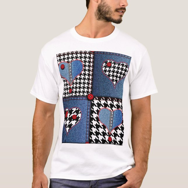 Denim Patchwork: Seamless Fabric Pattern T-Shirt (Front)