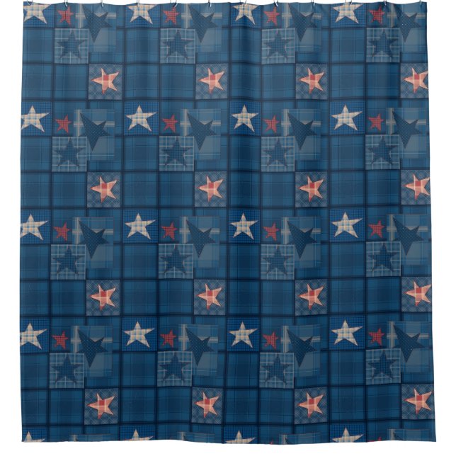 Denim patchwork shower curtain (Front)