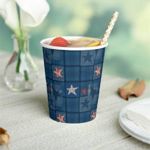 Denim patchwork shower curtain paper cups