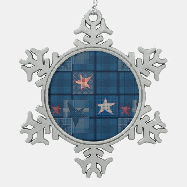 Denim patchwork snowflake pewter christmas ornament (Front)