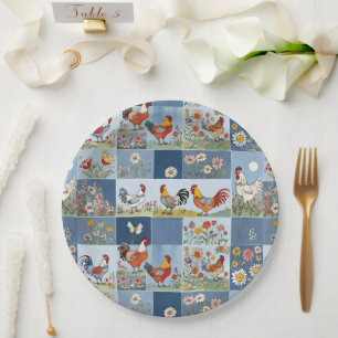 Denim Patchwork With Chickens And Wildflowers Paper Plate