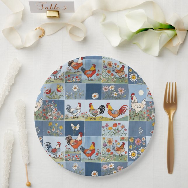 Denim Patchwork With Chickens And Wildflowers Paper Plate (Wedding)
