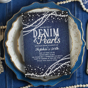Denim Pearls Blue Modern Elegant 50th Birthday Invitation