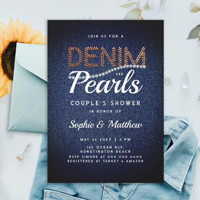 Denim Pearls Couple Wedding Shower Elegant Rustic Invitation (denim and pearls couple wedding shower invitation elegant rustic chic blue brown jeans white classy)