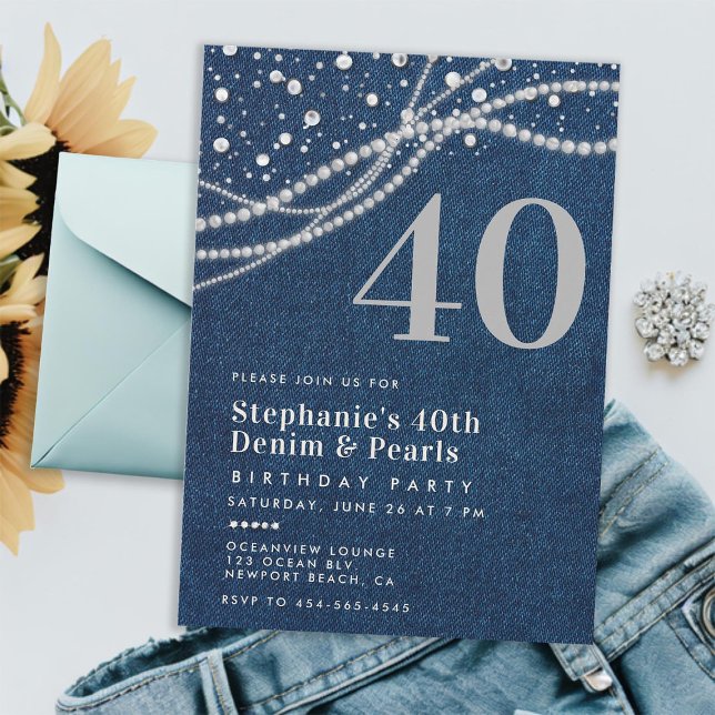Denim Pearls Elegant Modern 40th Birthday Party Invitation (denim pearls 40th birthday invitation for women rustic classy elegant modern chic stylish blue white)