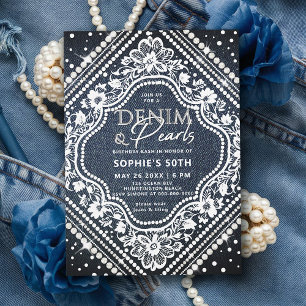 Denim Pearls Lace Elegant Modern 50th Birthday Invitation