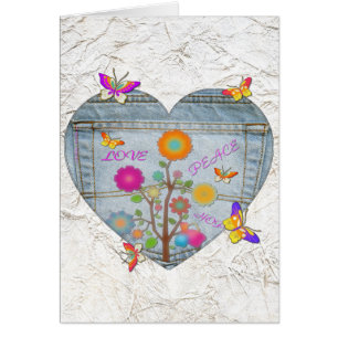 Denim Pocket Heart Flowers Butterflies Card