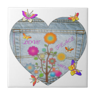 Denim Pocket Heart Flowers Butterflies Ceramic Tile