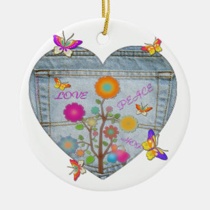 Denim Pocket Heart Flowers Butterflies Ceramic Tree Decoration