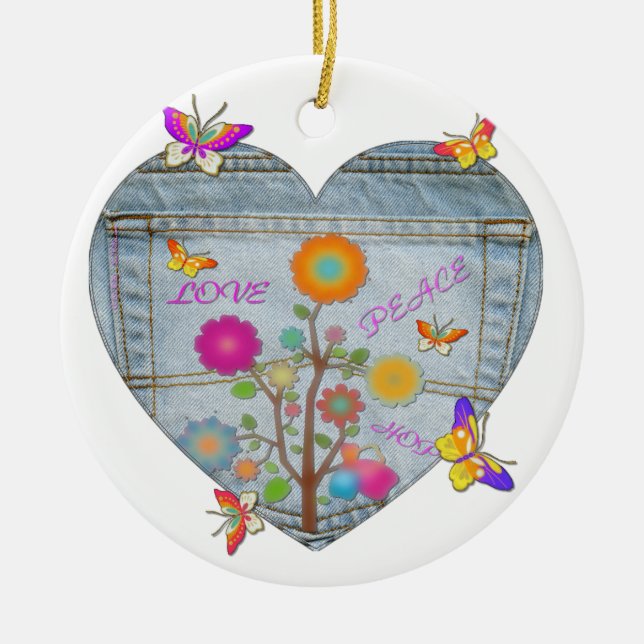 Denim Pocket Heart Flowers Butterflies Ceramic Tree Decoration (Front)