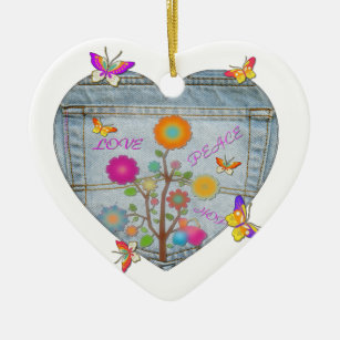 Denim Pocket Heart Flowers Butterflies Ceramic Tree Decoration