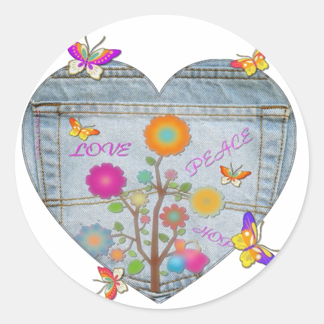 Denim Pocket Heart Flowers Butterflies Classic Round Sticker (Front)