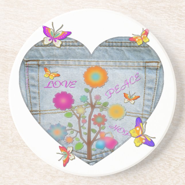 Denim Pocket Heart Flowers Butterflies Coaster (Front)