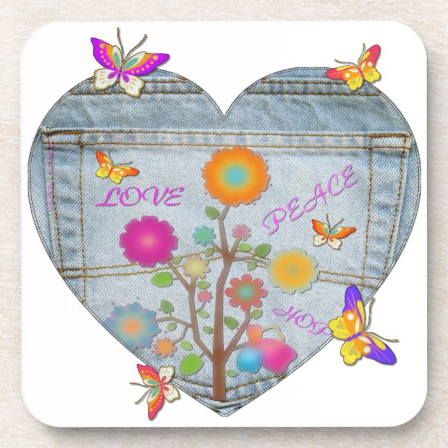 Denim Pocket Heart Flowers Butterflies Coaster (Front)