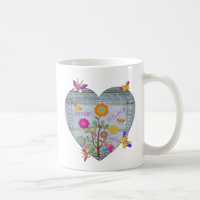 Denim Pocket Heart Flowers Butterflies Coffee Mug (Right)