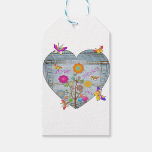Denim Pocket Heart Flowers Butterflies Gift Tags
