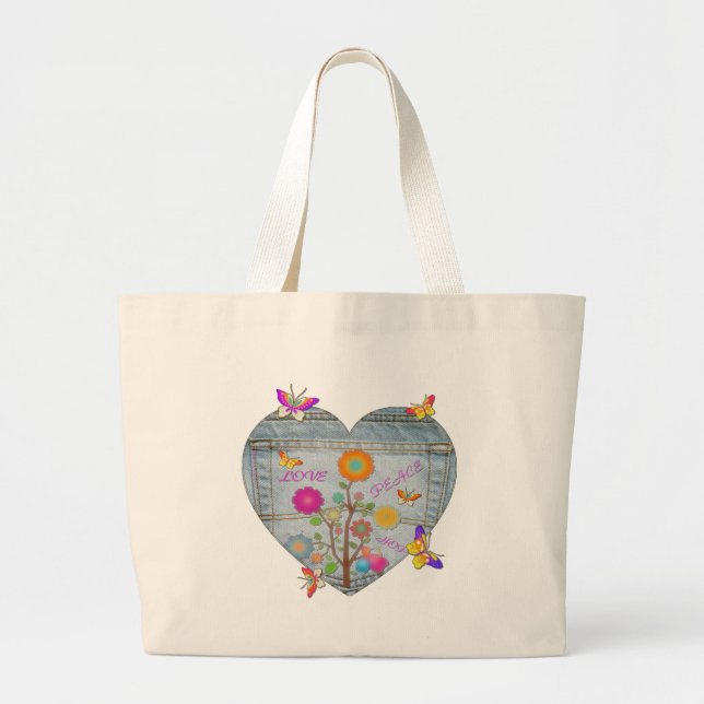 Denim Pocket Heart Flowers Butterflies Large Tote Bag (Front)