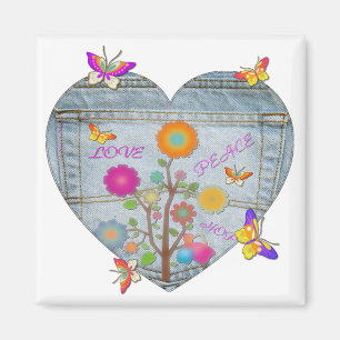 Denim Pocket Heart Flowers Butterflies Magnet