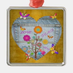 Denim Pocket Heart Flowers Butterflies Metal Ornam Metal Ornament