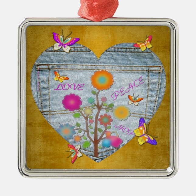 Denim Pocket Heart Flowers Butterflies Metal Ornam Metal Ornament (Front)