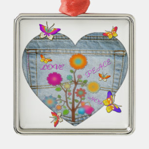 Denim Pocket Heart Flowers Butterflies Metal Ornament
