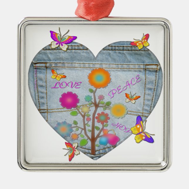 Denim Pocket Heart Flowers Butterflies Metal Ornament (Front)