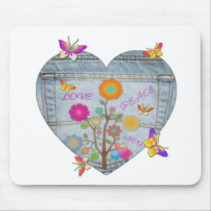 Denim Pocket Heart Flowers Butterflies Mouse Pad