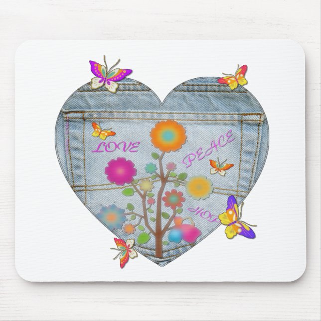 Denim Pocket Heart Flowers Butterflies Mouse Pad (Front)