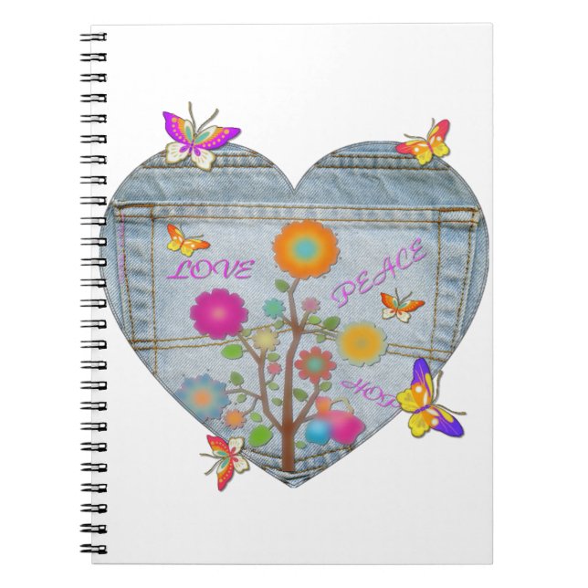 Denim Pocket Heart Flowers Butterflies Notebook (Front)