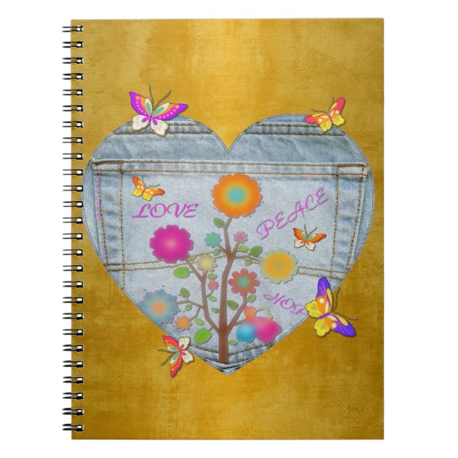 Denim Pocket Heart Flowers Butterflies Notebook (Front)