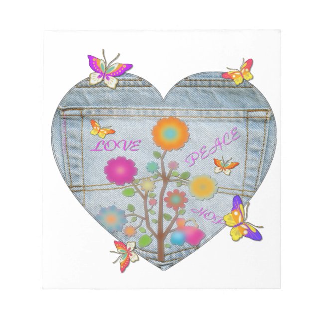 Denim Pocket Heart Flowers Butterflies Notepad (Front)
