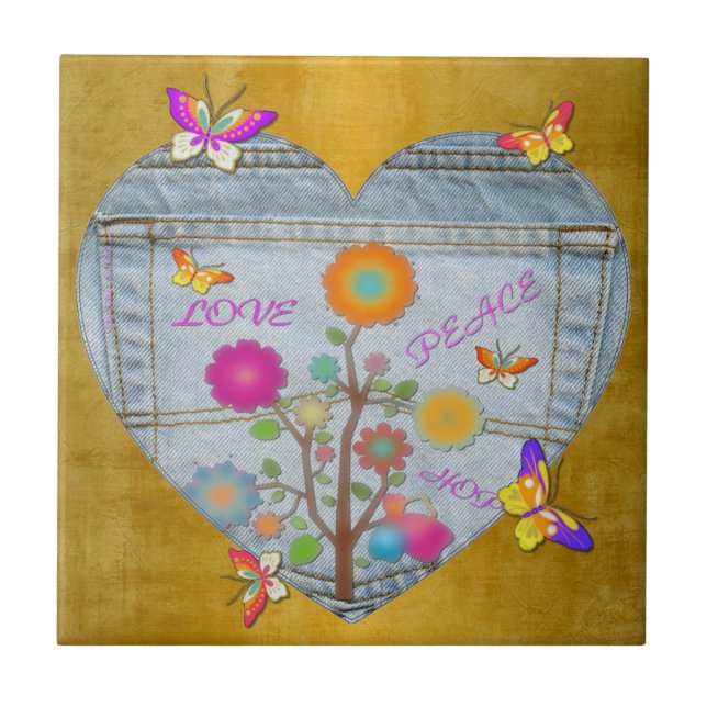 Denim Pocket Heart Flowers Butterflies on Gold Ceramic Tile (Front)