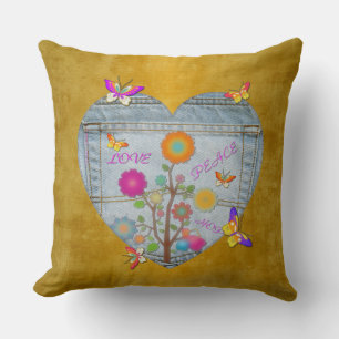 Denim Pocket Heart Flowers Butterflies on Gold Cushion