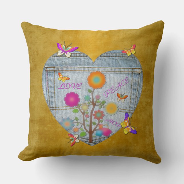 Denim Pocket Heart Flowers Butterflies on Gold Cushion (Front)