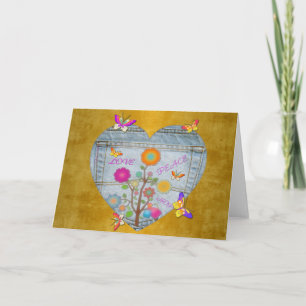 Denim Pocket Heart Flowers Butterflies on Gold Holiday Card