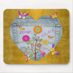 Denim Pocket Heart Flowers Butterflies on Gold Mouse Pad