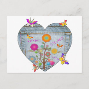 Denim Pocket Heart Flowers Butterflies Postcard