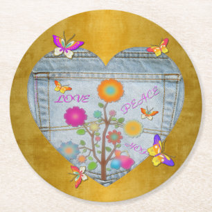 Denim Pocket Heart Flowers Butterflies Round Paper Coaster