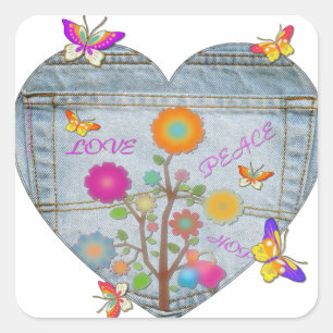Denim Pocket Heart Flowers Butterflies Square Sticker