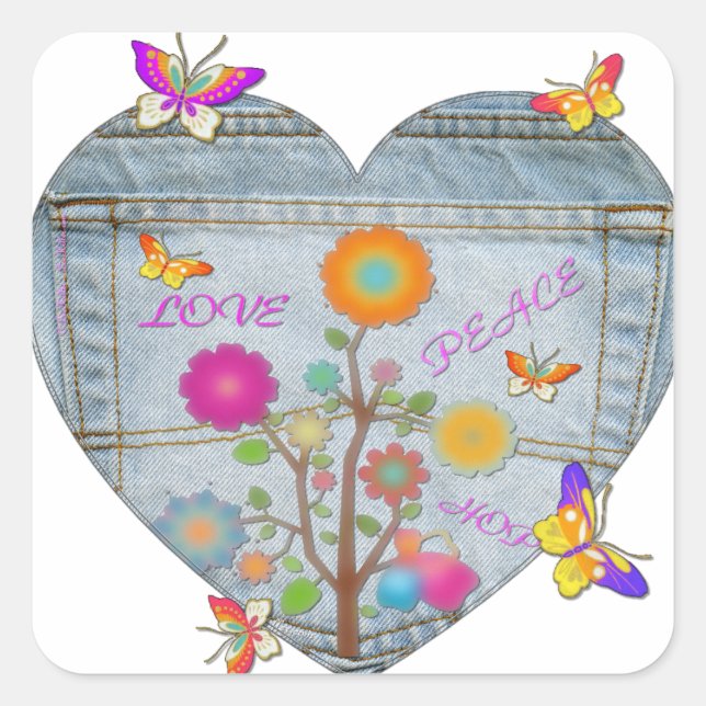 Denim Pocket Heart Flowers Butterflies Square Sticker (Front)