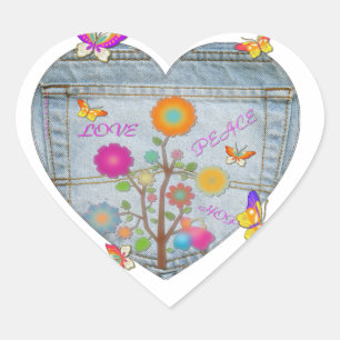 Denim Pocket Heart Flowers Butterflies Sticker