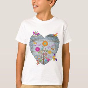 Denim Pocket Heart Flowers Butterflies T-Shirt
