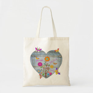 Denim Pocket Heart Flowers Butterflies Tote Bag