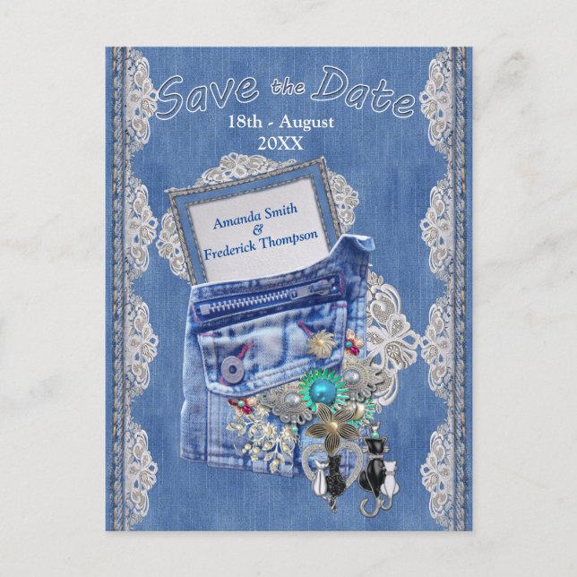 Denim Pocket with Costume Jewellery and Lace Announcement Postcard (Front)